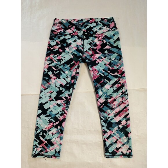Fabletics Womens Capri Cropped Leggings Size S Aqua Pink Geometric - Picture 1 of 6